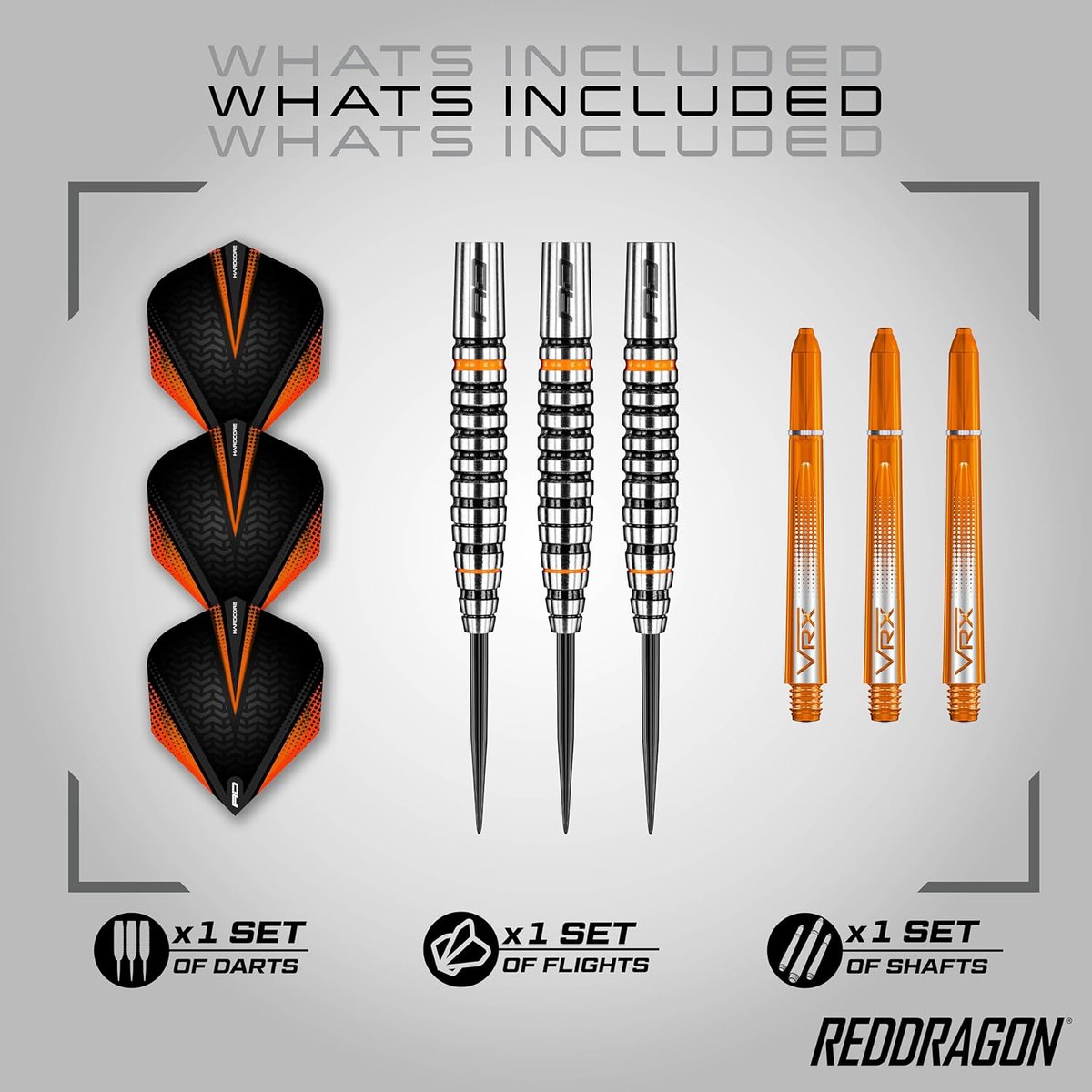 Red Dragon Amberjack 14 what's included: three Hardcore flights, three barrels, and three orange VRX shafts