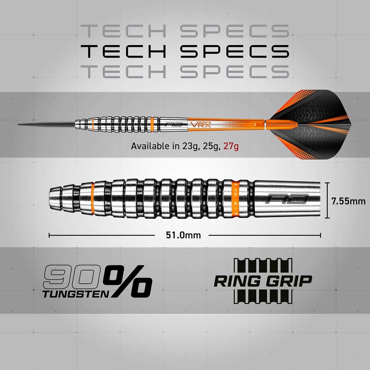 Red Dragon Amberjack 14 technical specifications showing barrel dimensions of 51.0mm length and 7.55mm diameter with 90% tungsten and ring grip