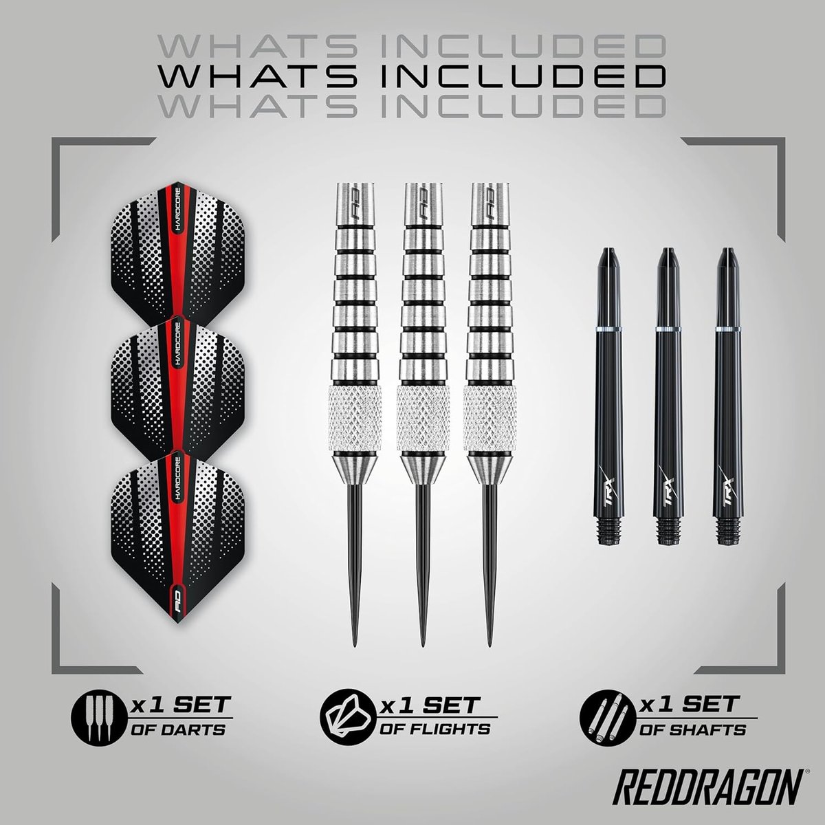 Red Dragon Flightmaster Sidewinder box contents showing the three tungsten barrels, Hardcore flights, and TRX shafts