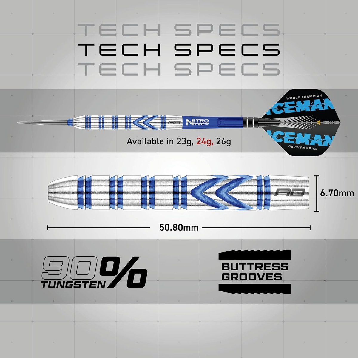 Red Dragon Gerwyn Price Blue Originals tech specs showing 90% tungsten, 50.8mm length, 6.70mm diameter and buttress grip grooves for the 24g barrel