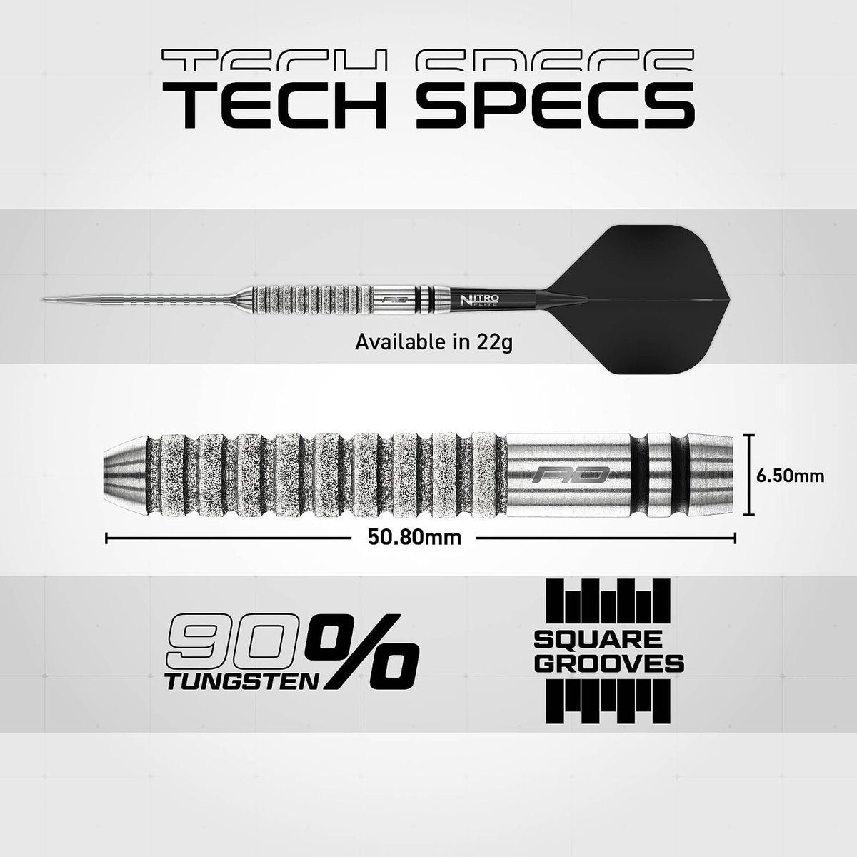 Red Dragon Gian van Veen Tour Edition tech specs graphic showing a 6.50mm diameter, 50.80mm length, 90% tungsten and square grooves, with a full dart and Nitro Flite flight