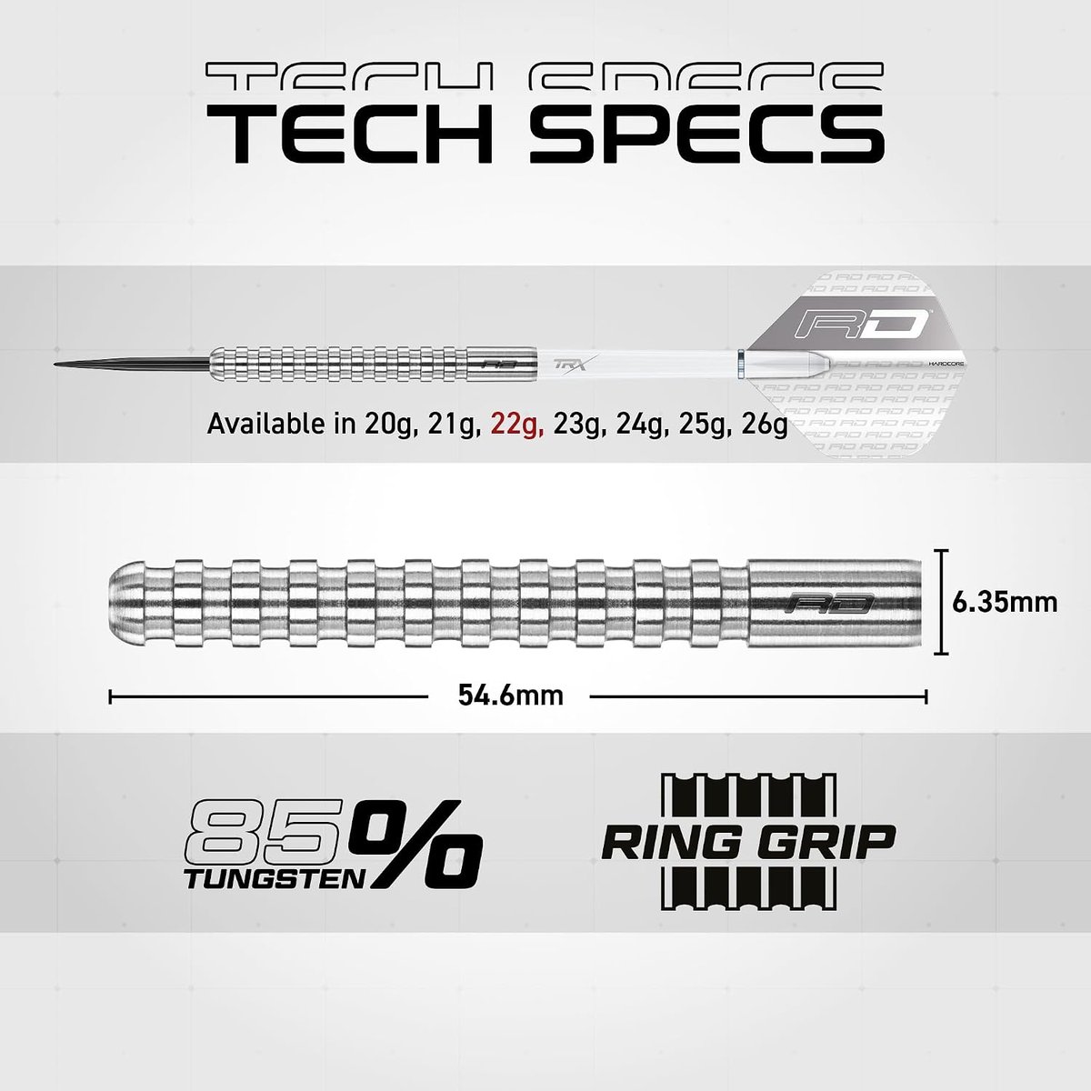 Red Dragon Javelin spec collage showing 85% tungsten, 54.6mm barrel length, 6.35mm diameter at 22g and ring grip