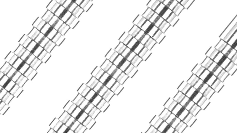 Red Dragon Javelin dart barrels at an angle showing the ring grip and fixed steel points