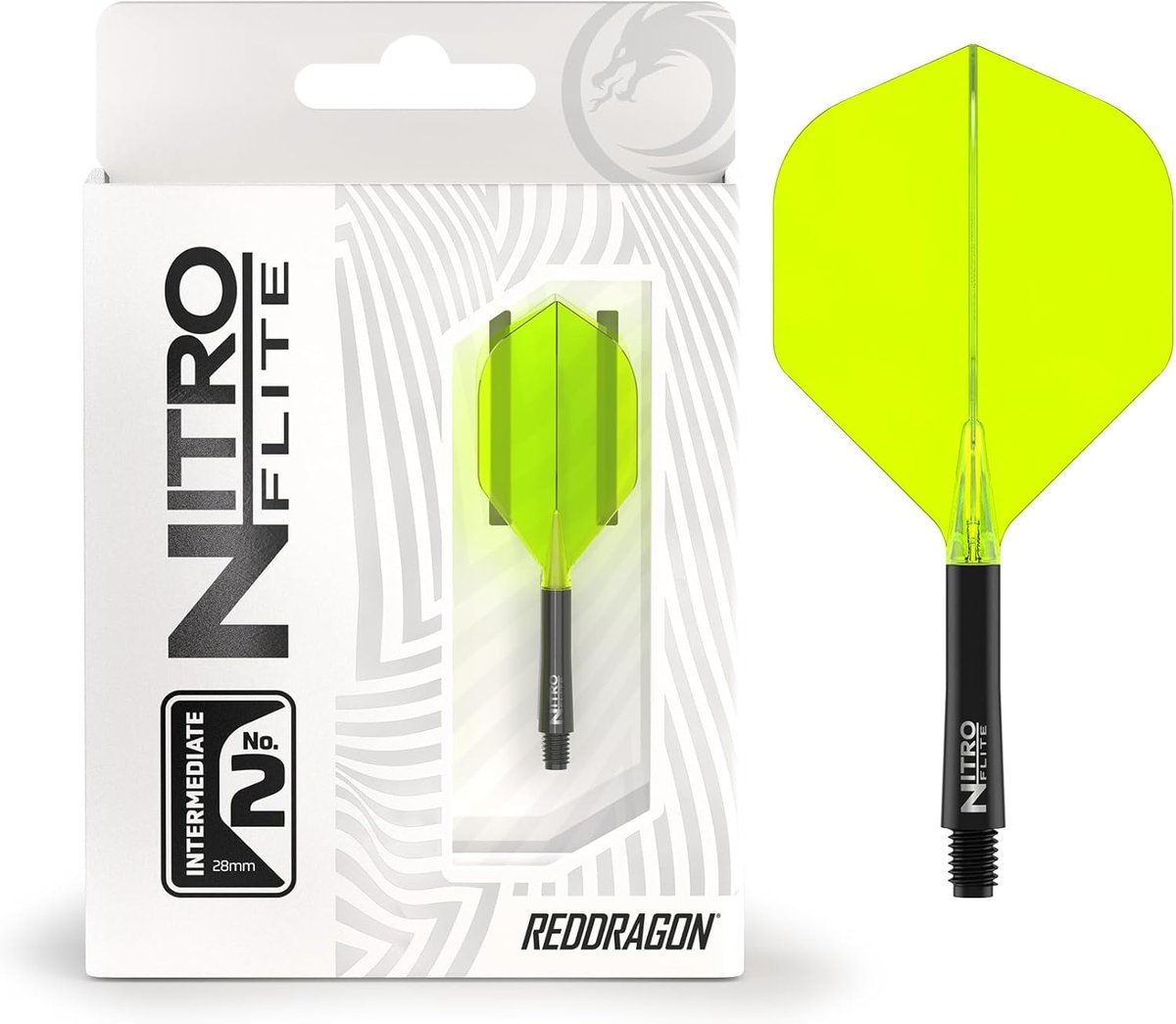 RED DRAGON Nitro Flite integrated flight and shaft, boxed and isolated, in black and yellow