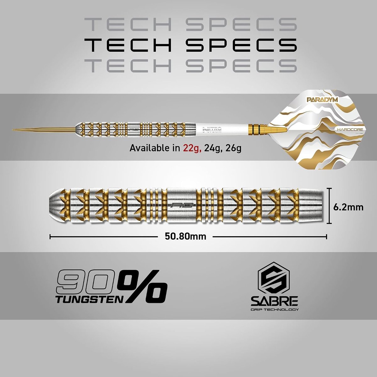 Red Dragon Paradym Gold tech specs showing a 6.2mm diameter, 50.80mm length, 90% tungsten and Sabre grip technology for the 22g barrel