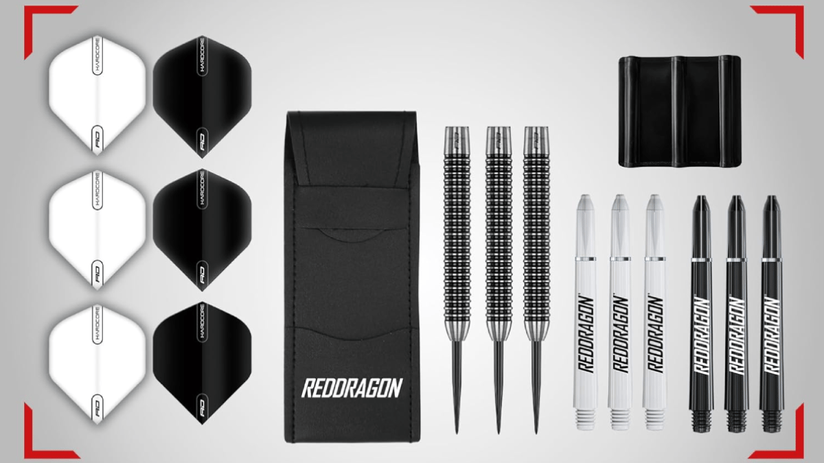 Red Dragon Pegasus darts complete box contents including case, flights, and stems