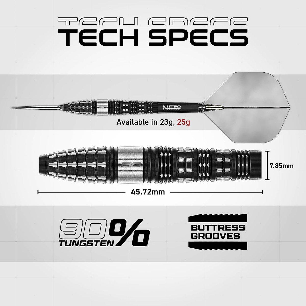 Red Dragon Recon tech specs showing 90% tungsten, 45.72mm barrel length, 7.85mm diameter and buttress grooves