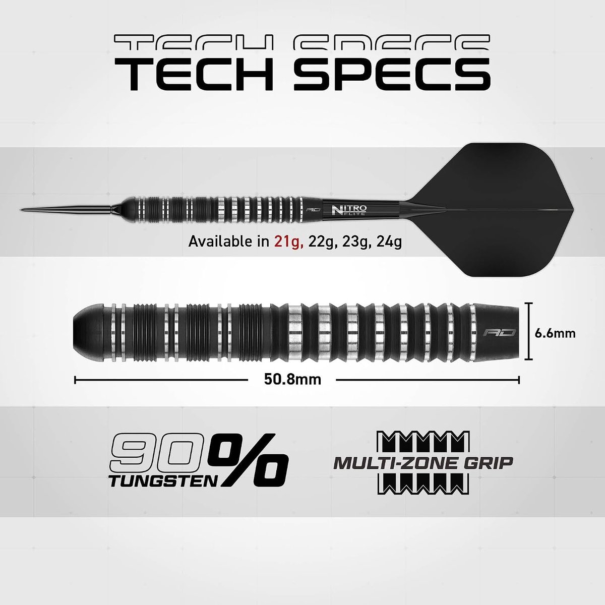 Red Dragon Sable tech specs showing 90% tungsten, 50.8mm length, 6.6mm diameter and multi-zone grip for the 21g barrel