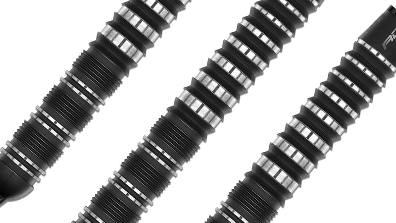 Red Dragon Sable dart barrels at an angle showing the deep black finish and multi-zone grip pattern