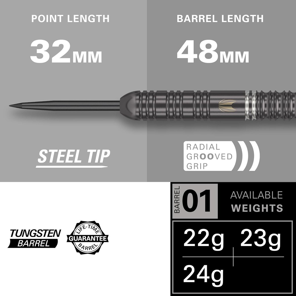 Target Ares specifications: 32mm steel point, 48mm barrel length, radial grooved grip, available in 22g, 23g and 24g