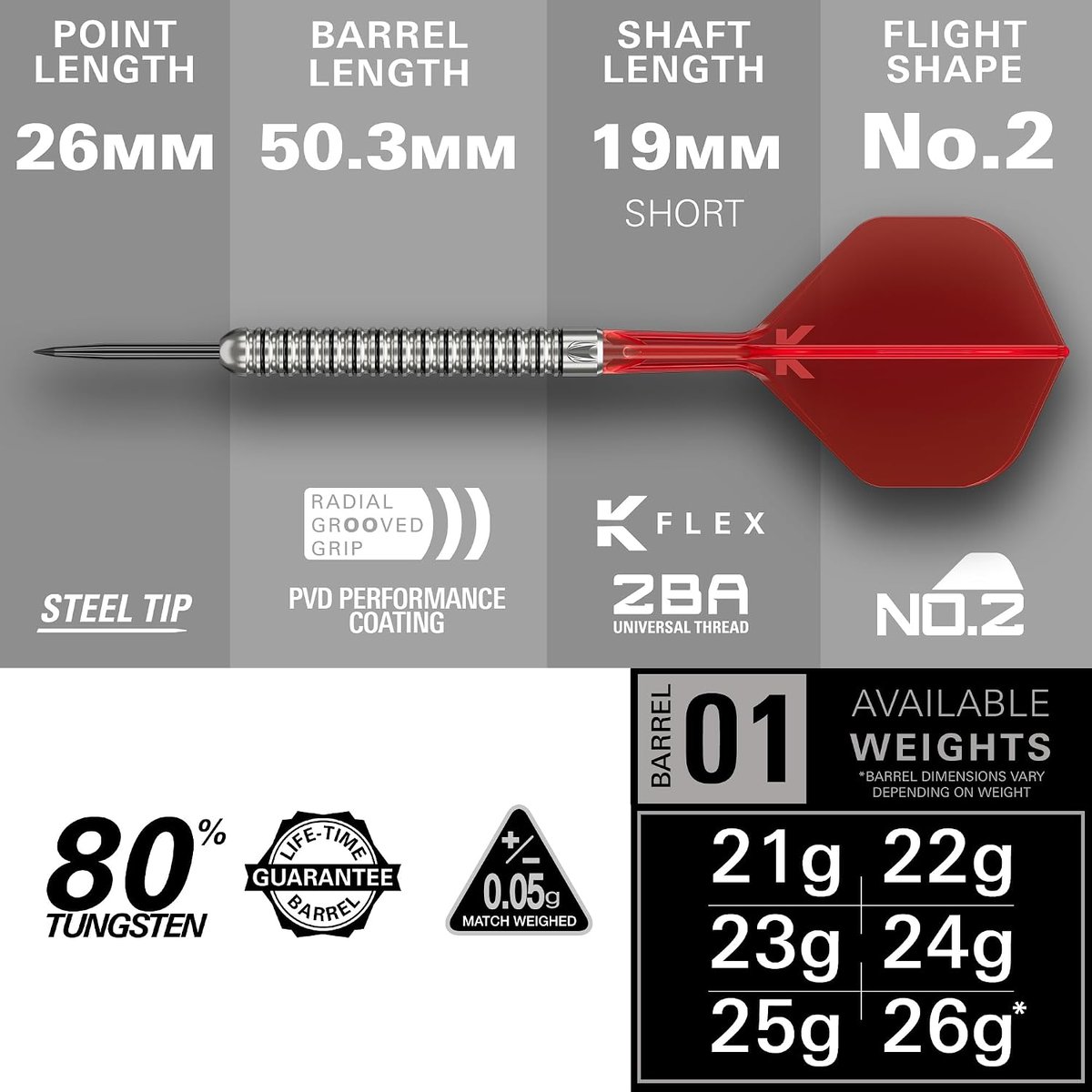 Target Darts Artemis spec collage showing 80% tungsten, 26mm point length, 50.3mm barrel length, 19mm short K-Flex shaft and No.2 flight shape