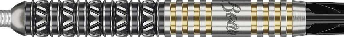 Target Beau Greaves Japan Edition single barrel shown horizontally, with black V-cut grooves at the front and gold-banded rings around the Beau script at the rear