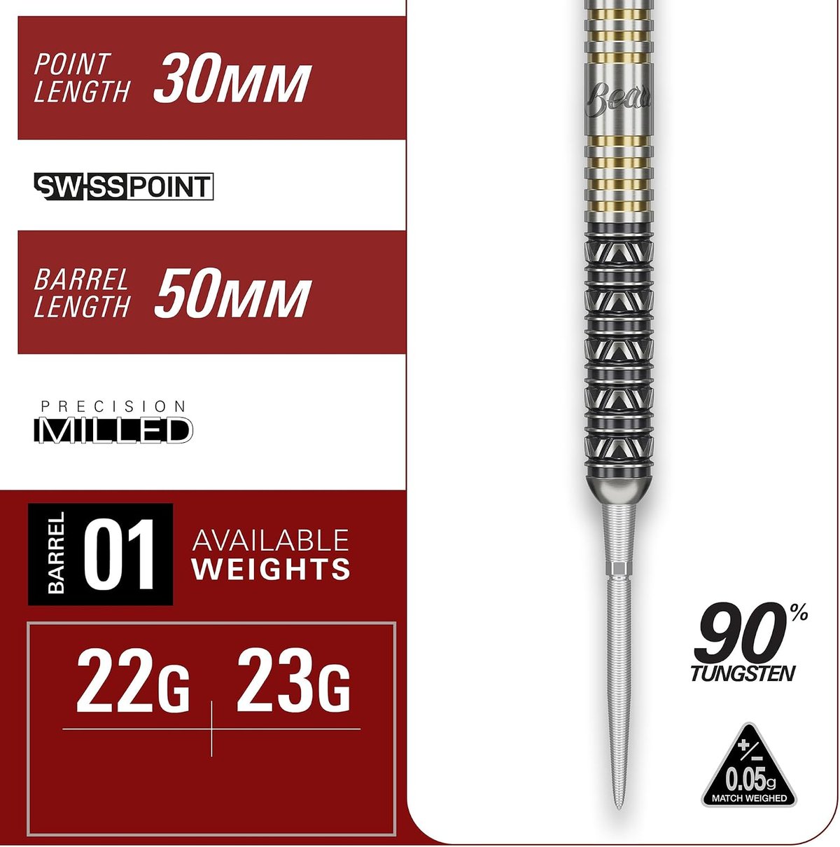 Target Beau Greaves Japan Edition spec sheet: 30mm Swiss Point, 50mm precision-milled barrel, 90% tungsten, available in 22g and 23g