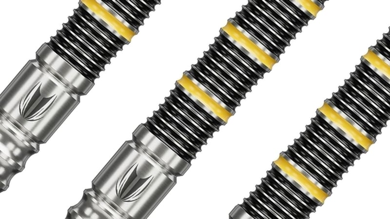Target BUZZ dart barrels at an angle showing the radial groove grip pattern and black and yellow finish