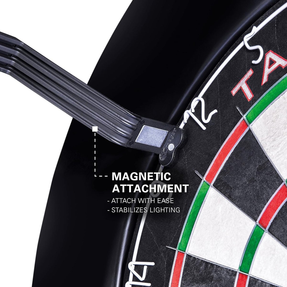 Close-up of the Target Corona Vision magnetic attachment system gripping a dartboard