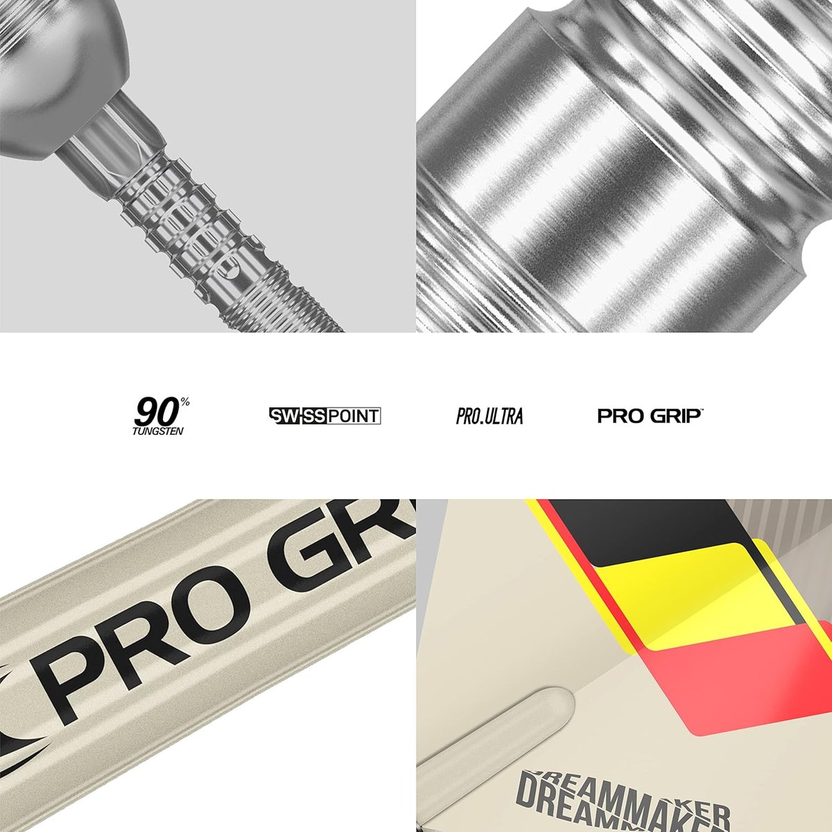 Target Dimitri Van den Bergh Dream Maker G2 what's included: three barrels, DX Silver Swiss Points, black Pro Grip shafts, and signature flights