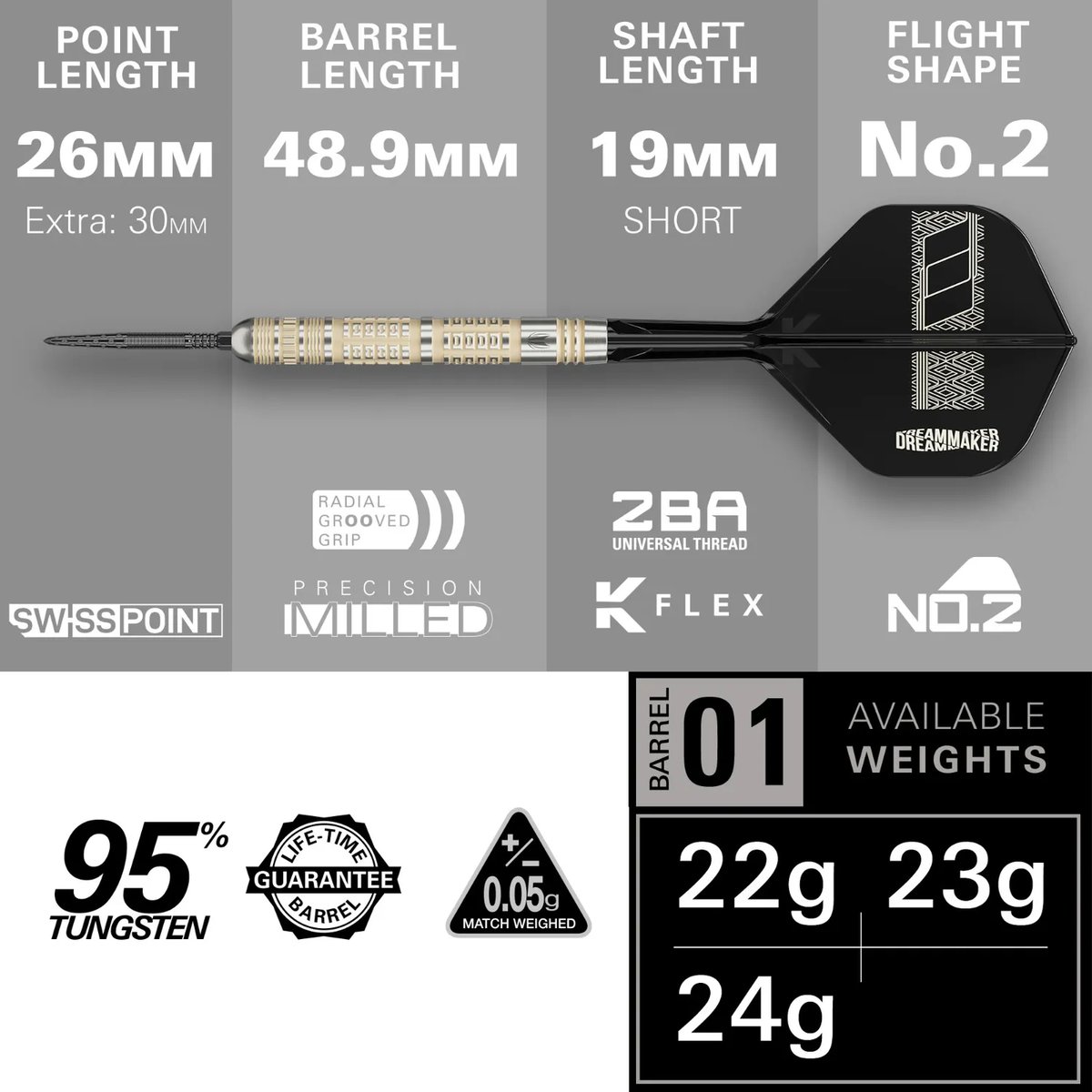 Target Dimitri Van den Bergh 95K spec collage showing 26mm point length, 48.9mm barrel length, 19mm shaft length and No.2 flight shape
