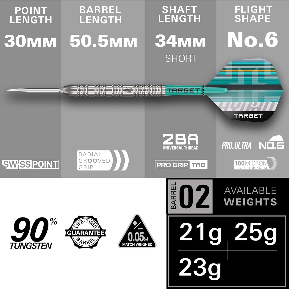 Target Hydro Barrel 02 specifications: 30mm point, 50.5mm barrel, 34mm short shaft, No.6 flight shape, radial grooved grip, available in 21g, 23g and 25g
