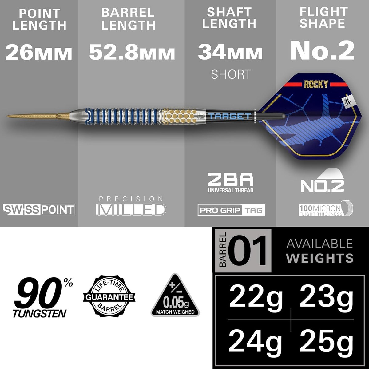 Target Josh Rock Gen 1 what's included: three barrels, gold Swiss Storm Nano Points, Pro Grip Tag shafts, No.2 Pro Ultra flights, and Swiss Point tool