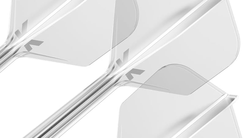 Target K-Flex integrated dart flights and shafts in clear, showing the moulded 90-degree flight and shaft join