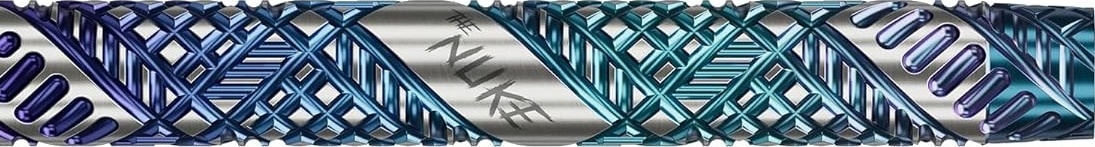 Target Luke Littler Edge barrel horizontal showing the deep blue DLC finish and multi-directional spiral grip pattern