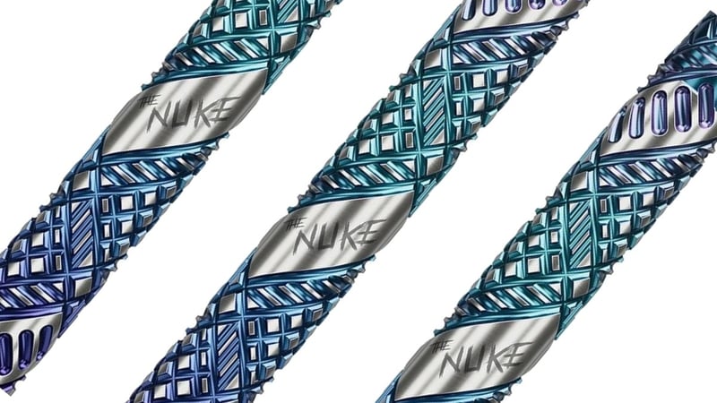 Target Luke Littler Edge dart barrels at an angle showing the deep blue DLC finish and multi-directional grip pattern