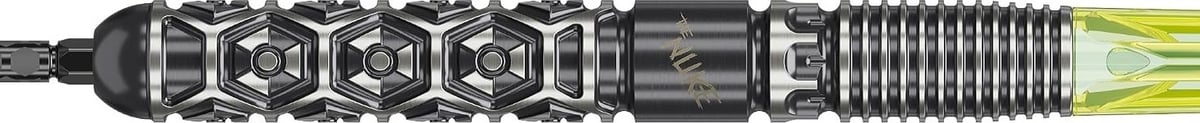 Target Luke Littler Fallout barrel horizontal showing the hexagonal grip pattern and black PVD finish