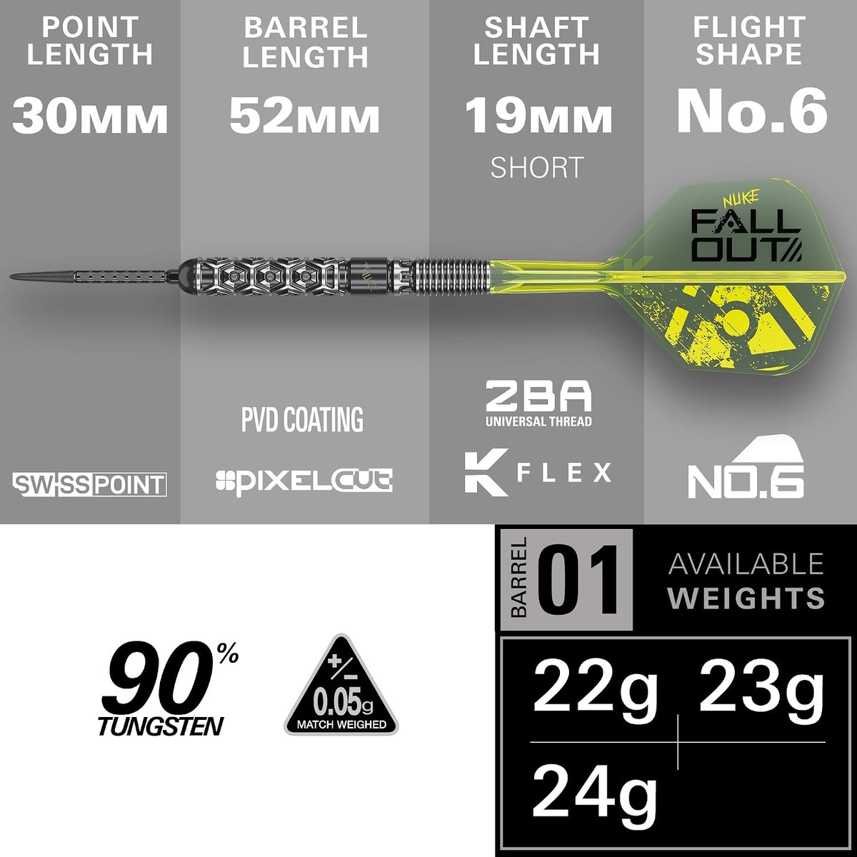 Target Luke Littler Fallout spec collage showing 30mm point length, 52mm barrel length, 19mm short K-Flex shaft, No.6 flight shape and 90% tungsten