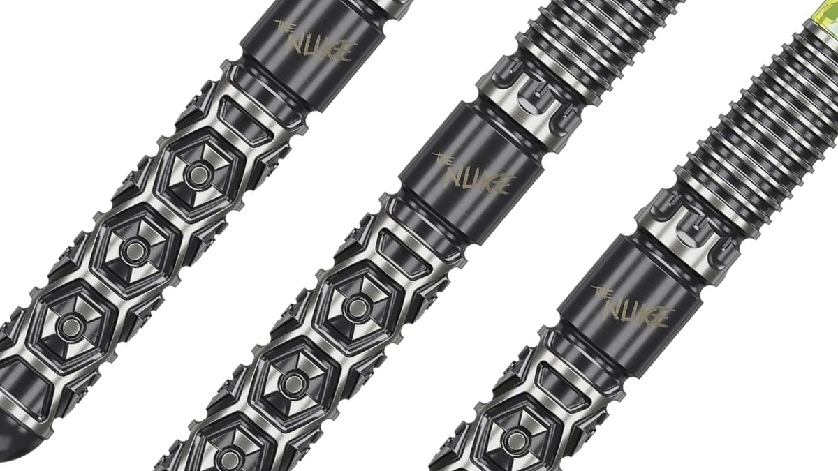 Target Luke Littler Fallout dart barrels at an angle showing the hexagonal grip pattern