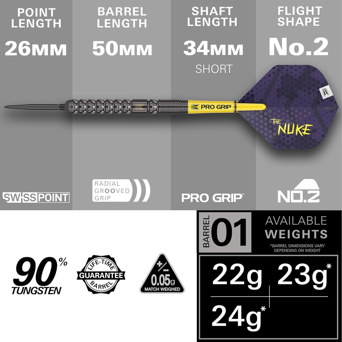 Target Luke Littler G1 what's included: three barrels, Swiss Points, yellow Pro Grip shafts, Nuke No.2 flights, and Swiss Point tool