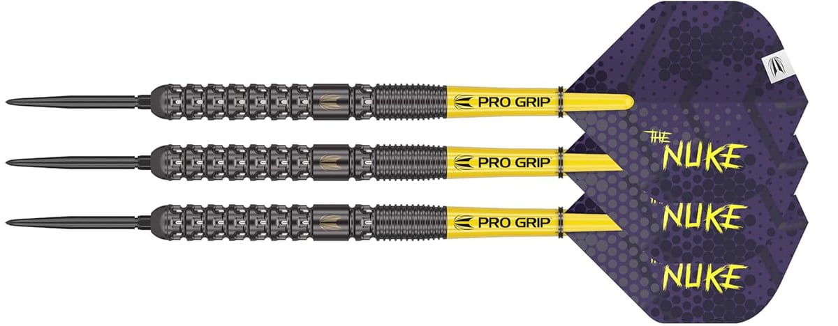 Target Luke Littler G1 complete darts set showing the 90% tungsten barrels