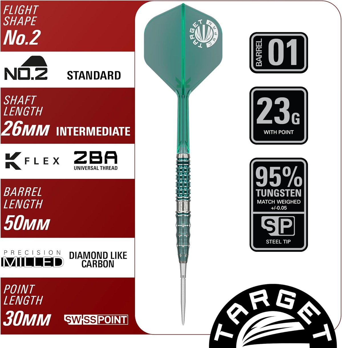 Target The Miracle G7 spec card showing 95% tungsten, 50mm barrel length, 30mm Swiss Point, 26mm K-Flex shaft and No.2 flight for the 23g barrel