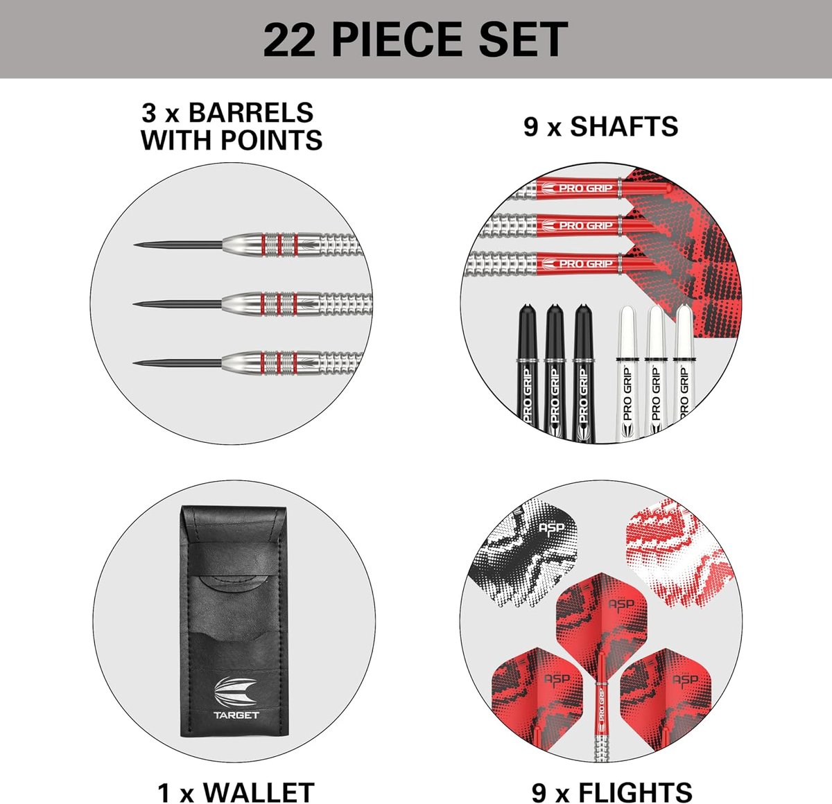Target Nathan Aspinall 22-piece set collage showing 3 barrels with points, 9 shafts, 9 flights and the dart wallet included