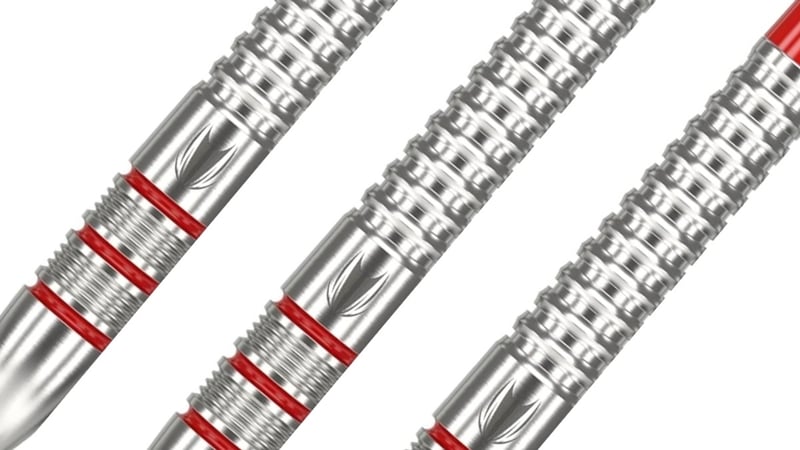 Target Darts Nathan Aspinall dart barrels at an angle showing the full-length radial grooved grip and red accent rings