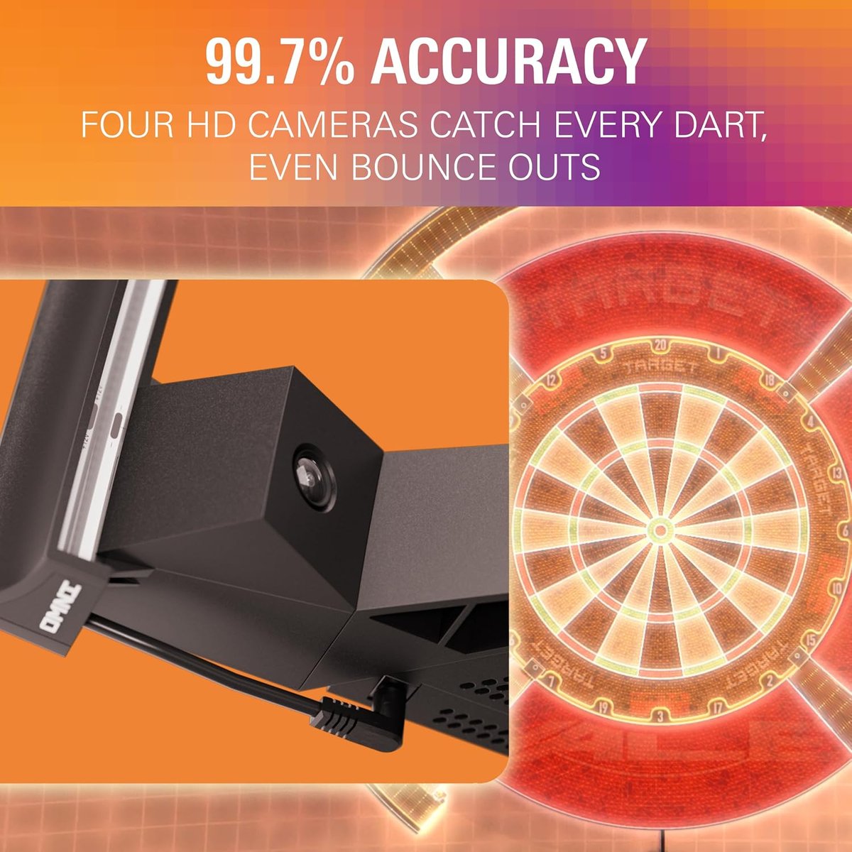 Close-up of one of the Target Omni's HD cameras in the frame beside a dartboard, with Target's 99.7% accuracy claim