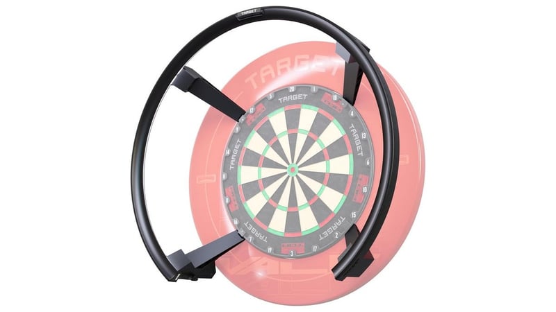 Target Omni auto scoring ring light with four magnetic legs fitted around a dartboard and surround