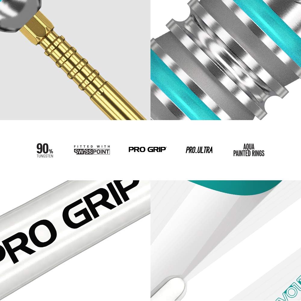 Target Rob Cross Gen 2 feature callout showing Swiss Point system, 90% tungsten spec, Pro Grip shafts, Pro.Ultra flights, and aqua painted ring detail
