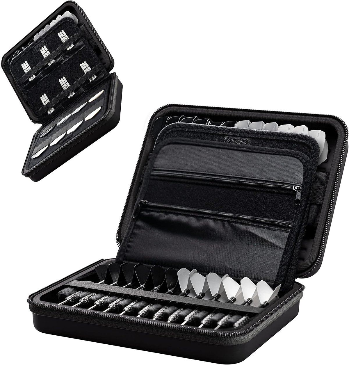 Target Takoma Home XXL open, with twelve assembled darts held under an elastic strap and a fold-out page with two zip pouches