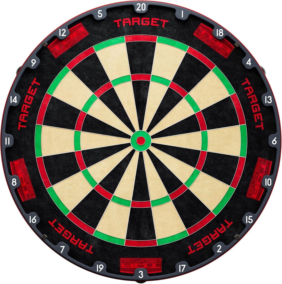 Target TOR EVO dartboard face showing the black and cream segment colouring, red TOR EVO branded panels on the number ring, and green and red bullseye