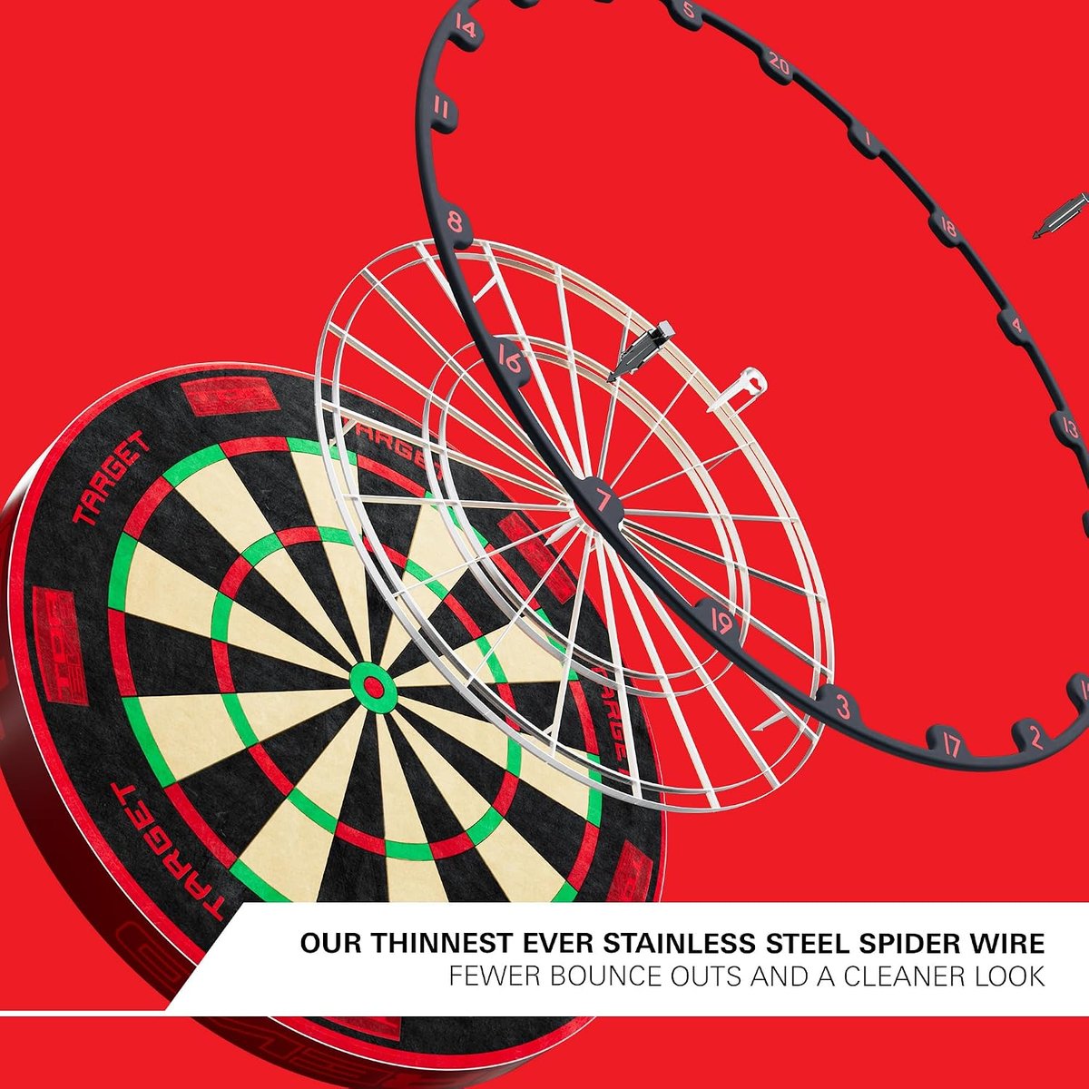 Target TOR EVO feature graphic showing the ultra-thin stainless steel spider wire lifted away from the sisal board face and number ring