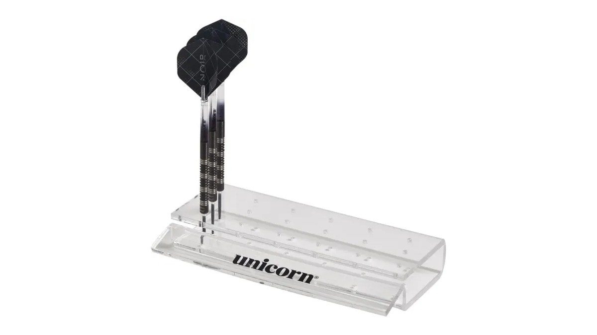 Unicorn clear acrylic dart stand with one set of darts standing upright and space for five more