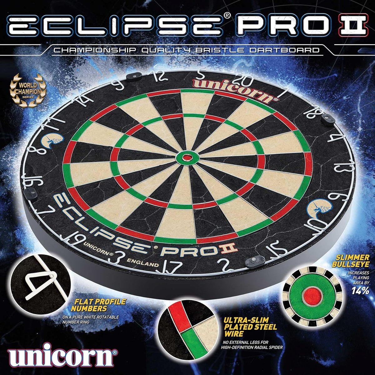 Unicorn Eclipse Pro 2 dartboard box contents including the dartboard, fixing bracket, and accessories
