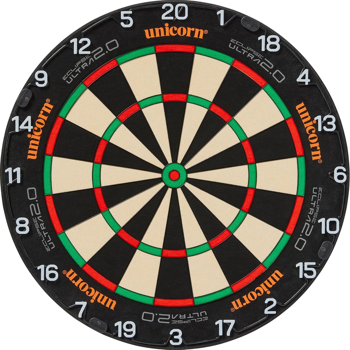 Unicorn Eclipse Ultra 2.0 dartboard face showing the black Venom radial spider, horizontal white numbers, and orange Unicorn branding
