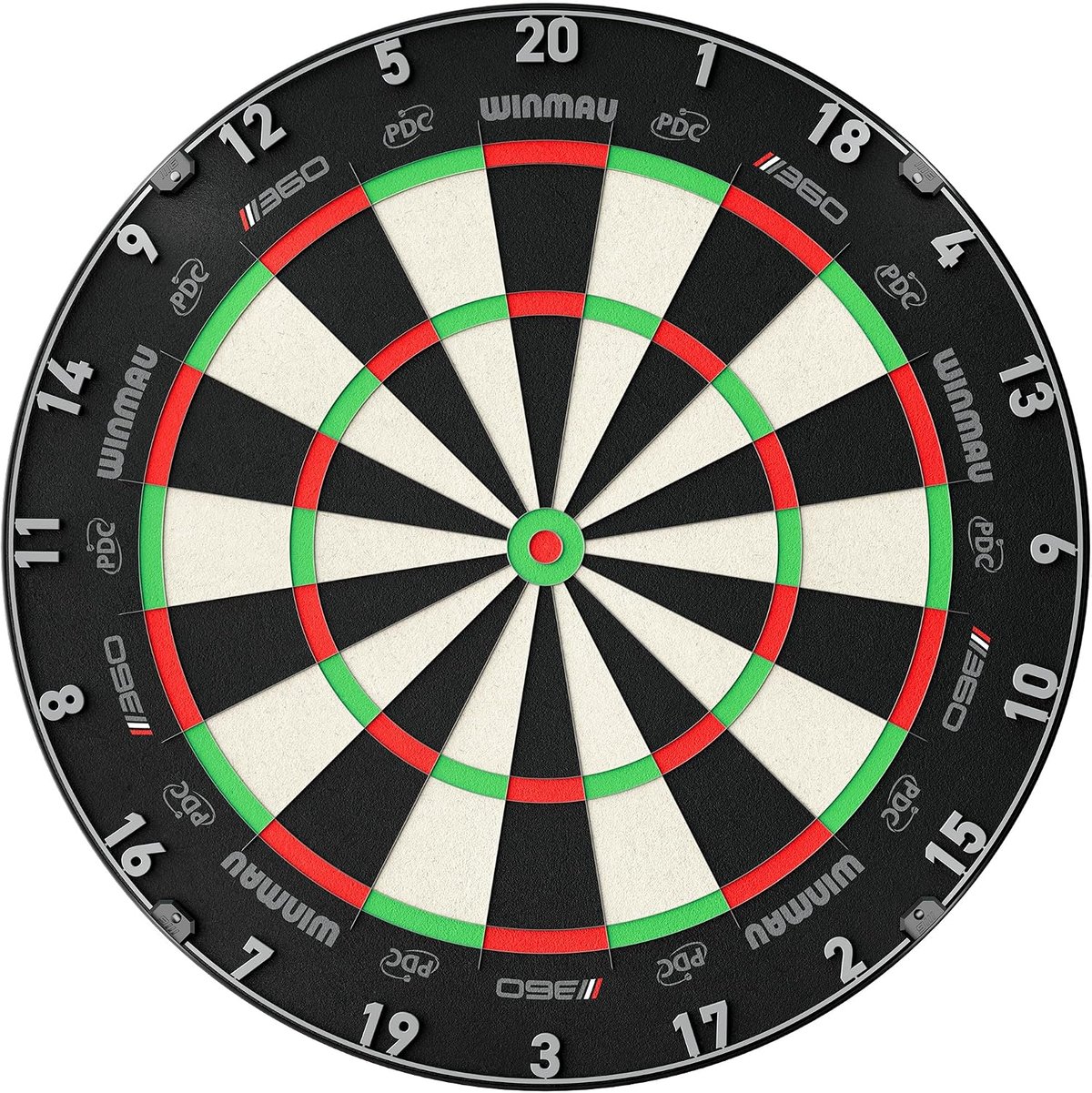 Full face of the Winmau Blade 360 dartboard with Winmau, 360 and PDC marks repeated around the black band and a laser-cut steel number ring