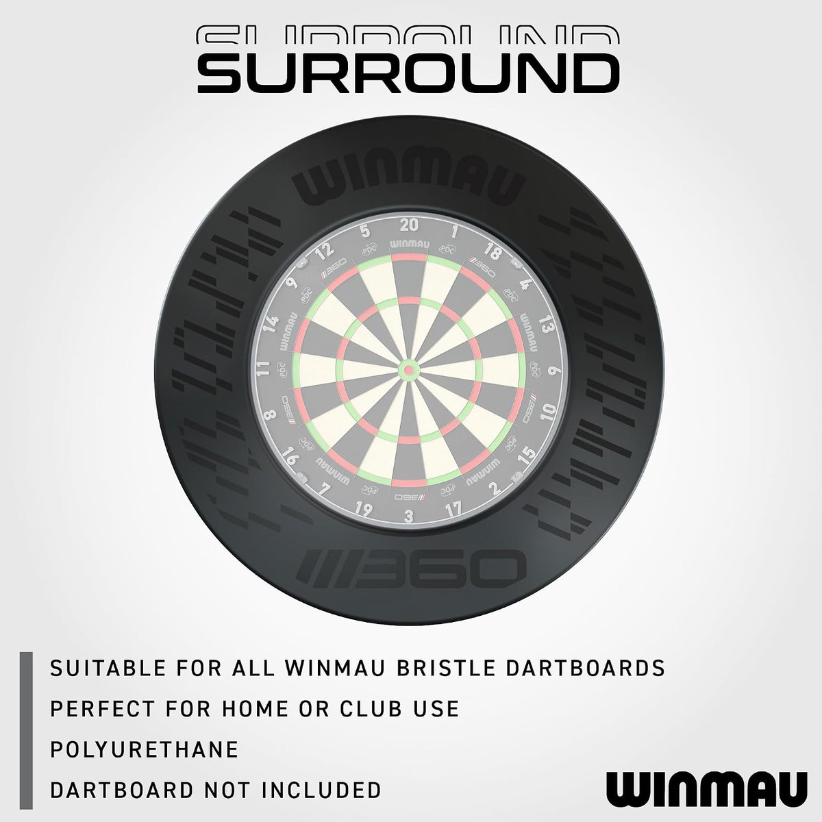 Winmau Blade 360 surround fitted around a dartboard, with notes that it suits all Winmau bristle boards, is polyurethane and comes without a board