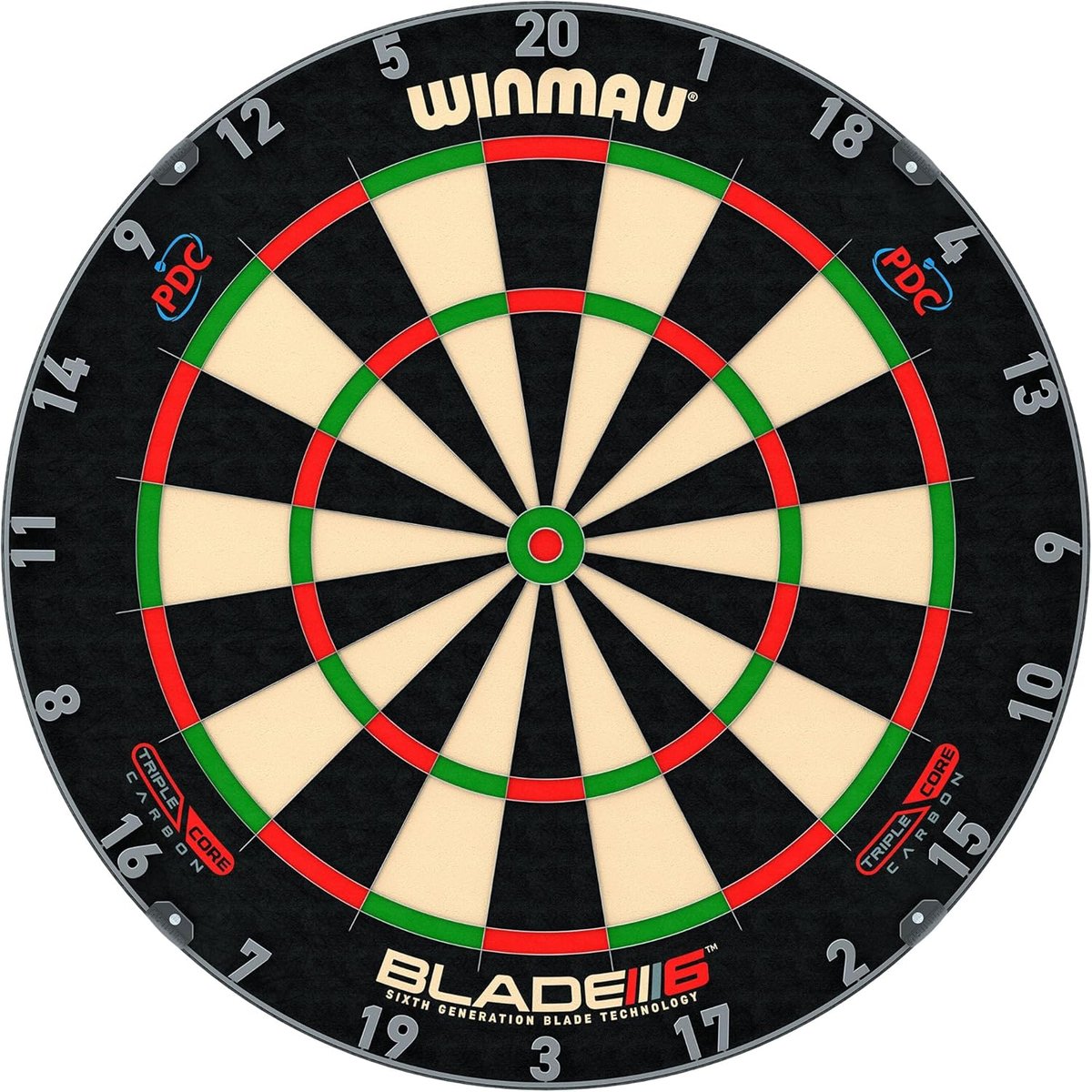 Winmau Blade 6 Triple Core dartboard showing the triple layer construction