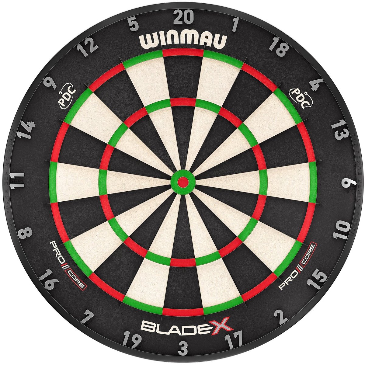 Winmau Blade X dartboard face showing the ultra-slim wiring, PDC logos, and Pro Core branding