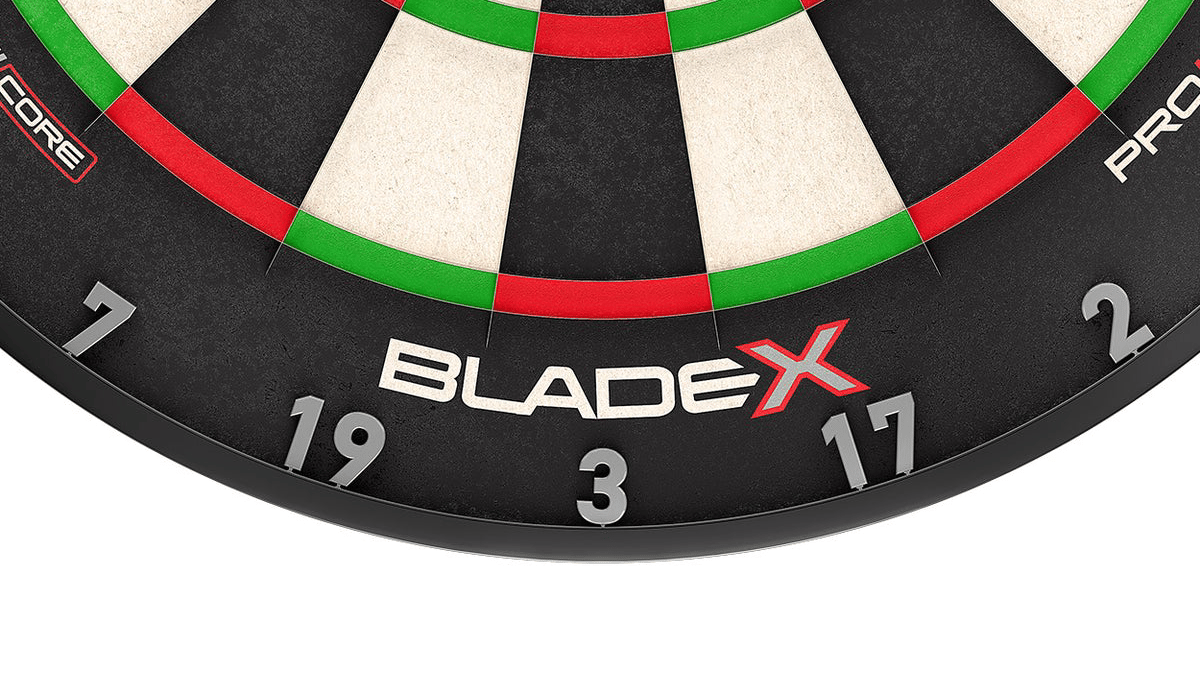 Close-up of the Winmau Blade X dartboard showing the Blade X branding and wire system