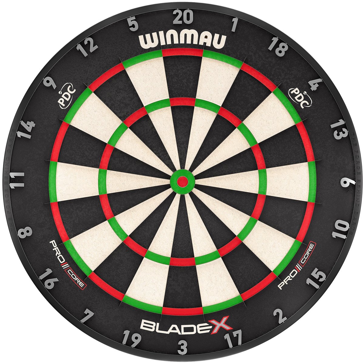 Winmau Blade X dartboard front view showing the full board face with Blade X branding, PDC logo, and Pro Core technology