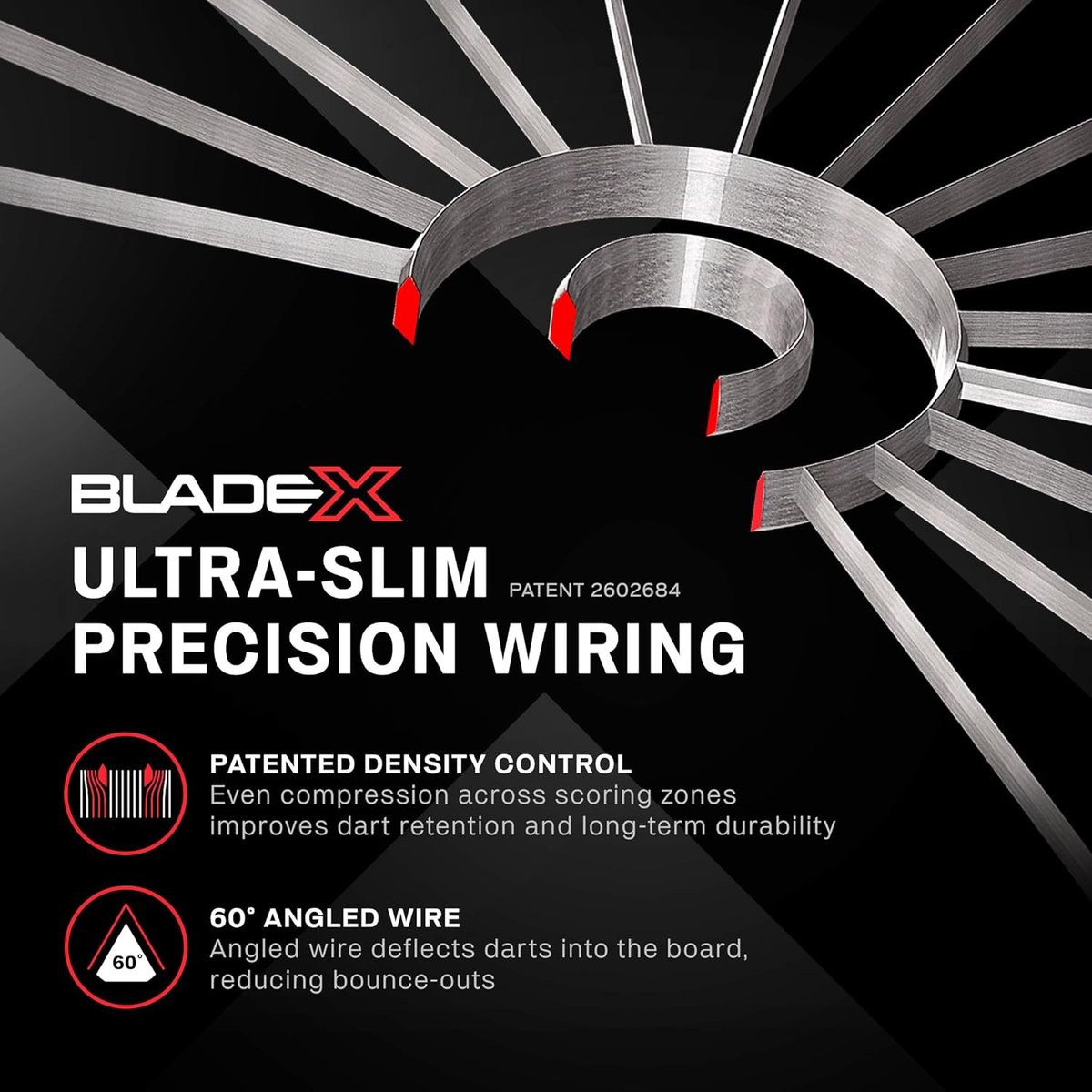 Winmau Blade X ultra-slim precision wiring system showing the 60-degree angled wire design and patented density control technology